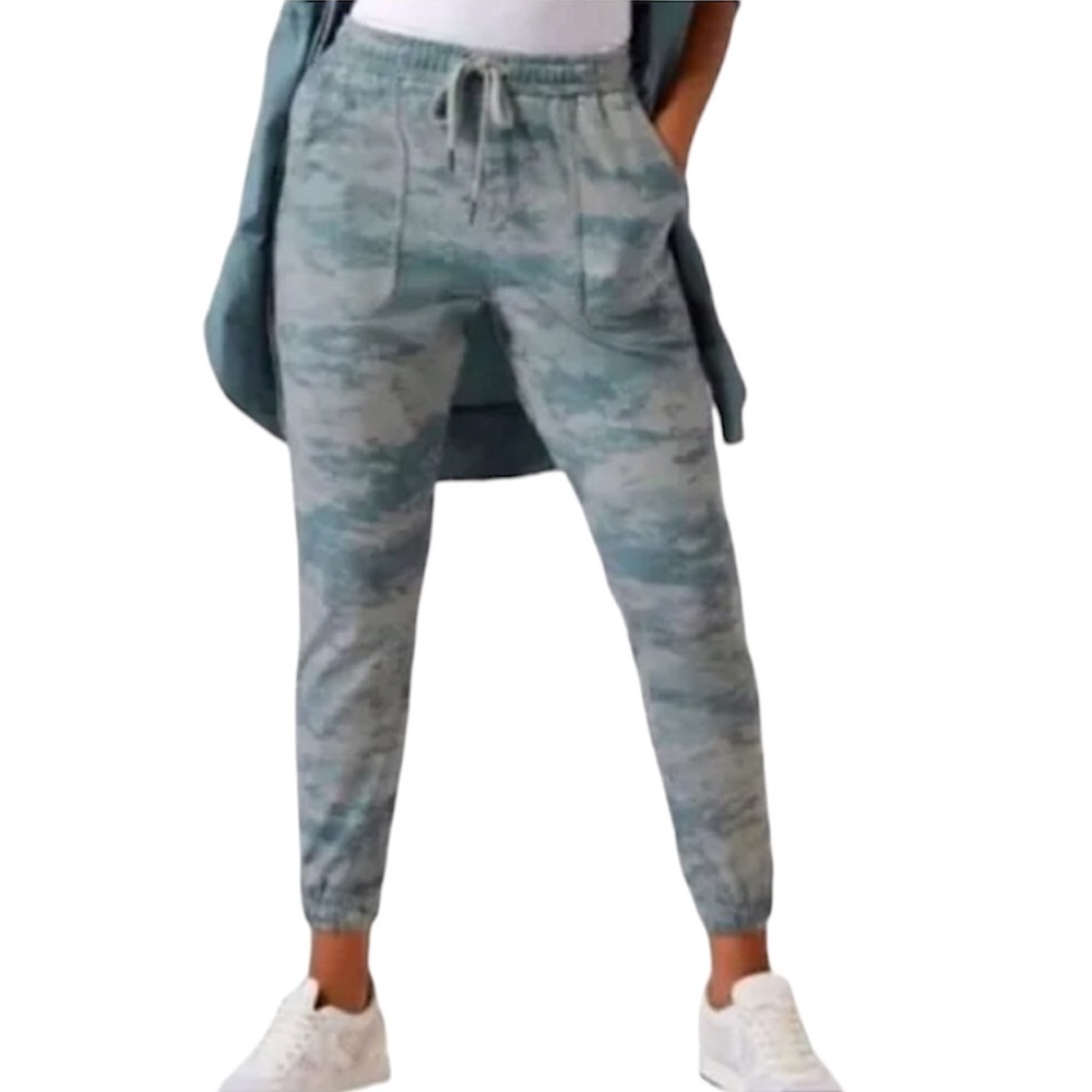 Athleta Cotton Blend Abstract Camo Green Gray Waist string Farallon Joggers‎ SP